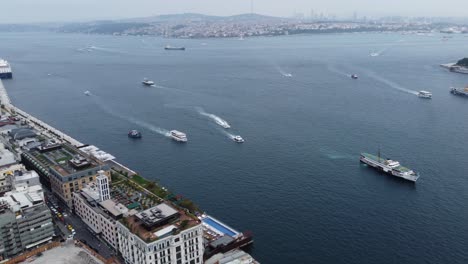 aerial footage of bosphorus, sea, buildings and ships in istanbul