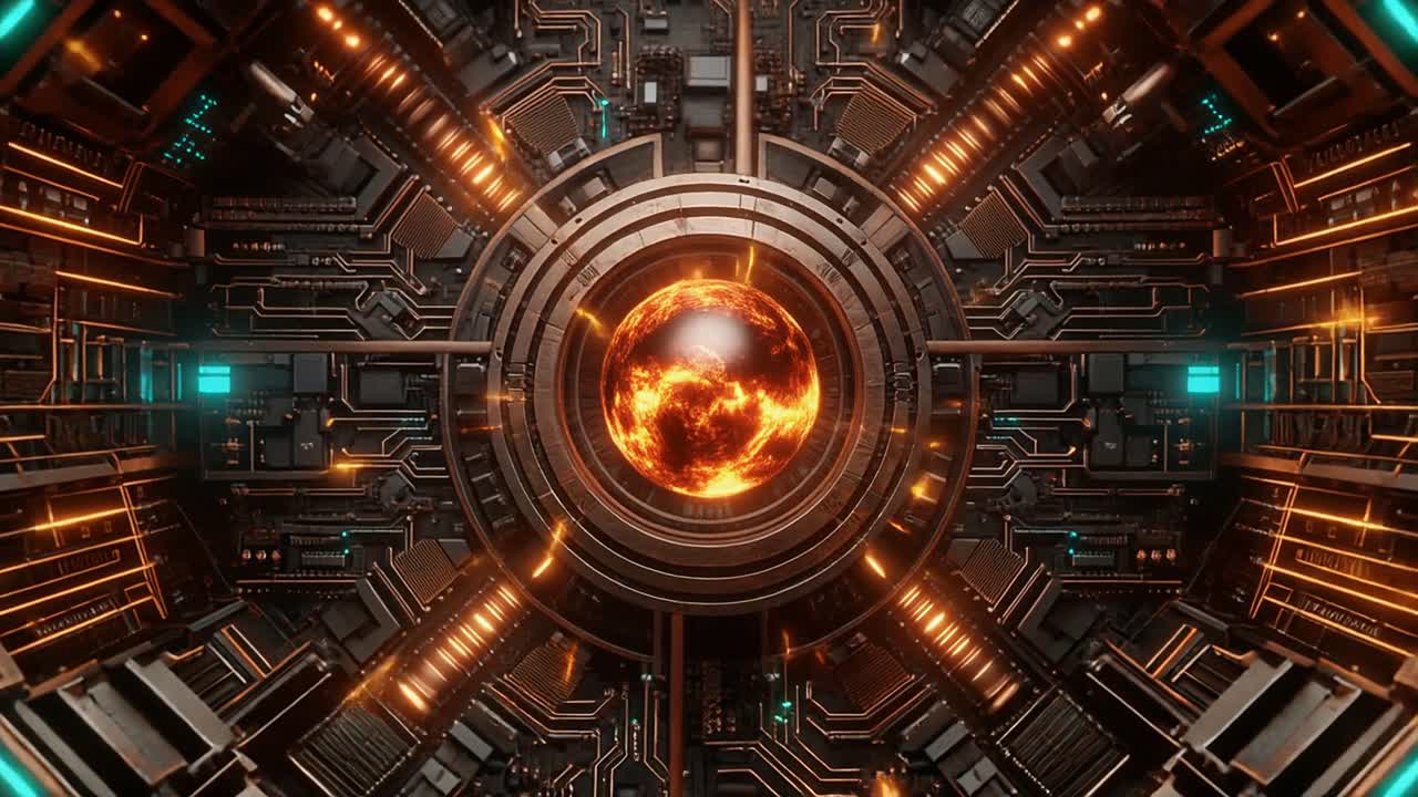 Nucleo energetico luminoso in una struttura meccanica futuristica