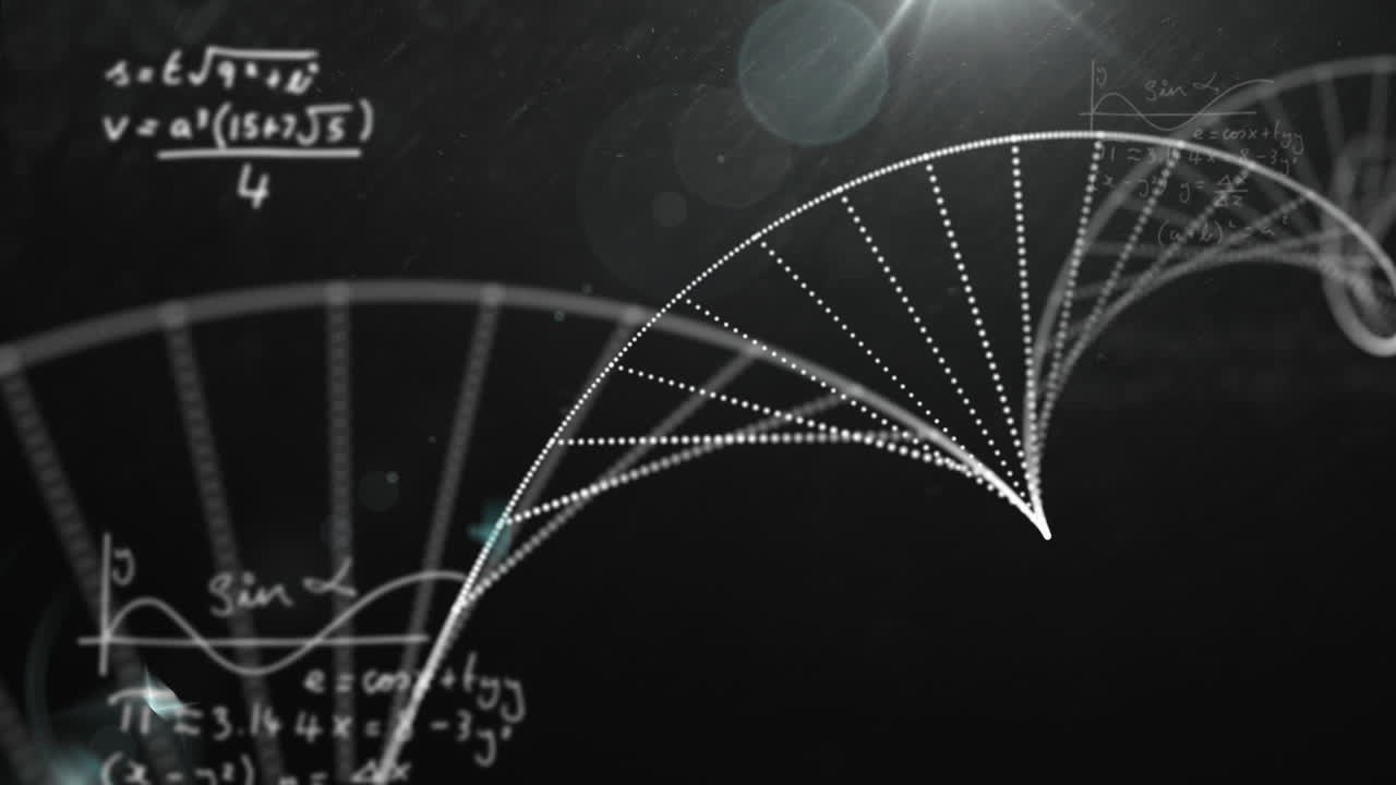 Digital animation of dna structure spinning against mathematical equations on black background