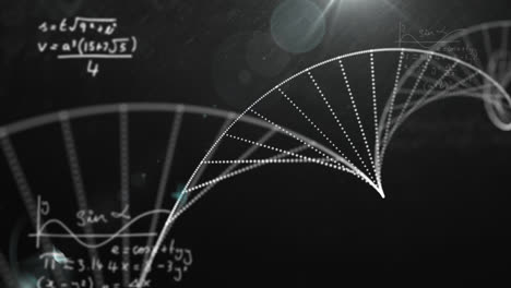 animación digital de la estructura del adn girando contra ecuaciones matemáticas en fondo negro