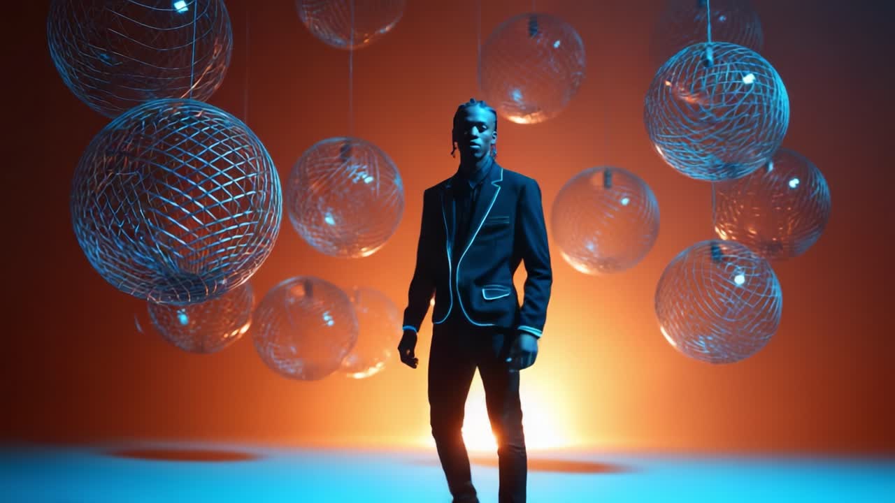 A striking visual journey showcasing a stylized individual in a tailored suit against an artistic background of suspended spherical structures, illuminated by vibrant orange and blue lights, creating a captivating atmosphere