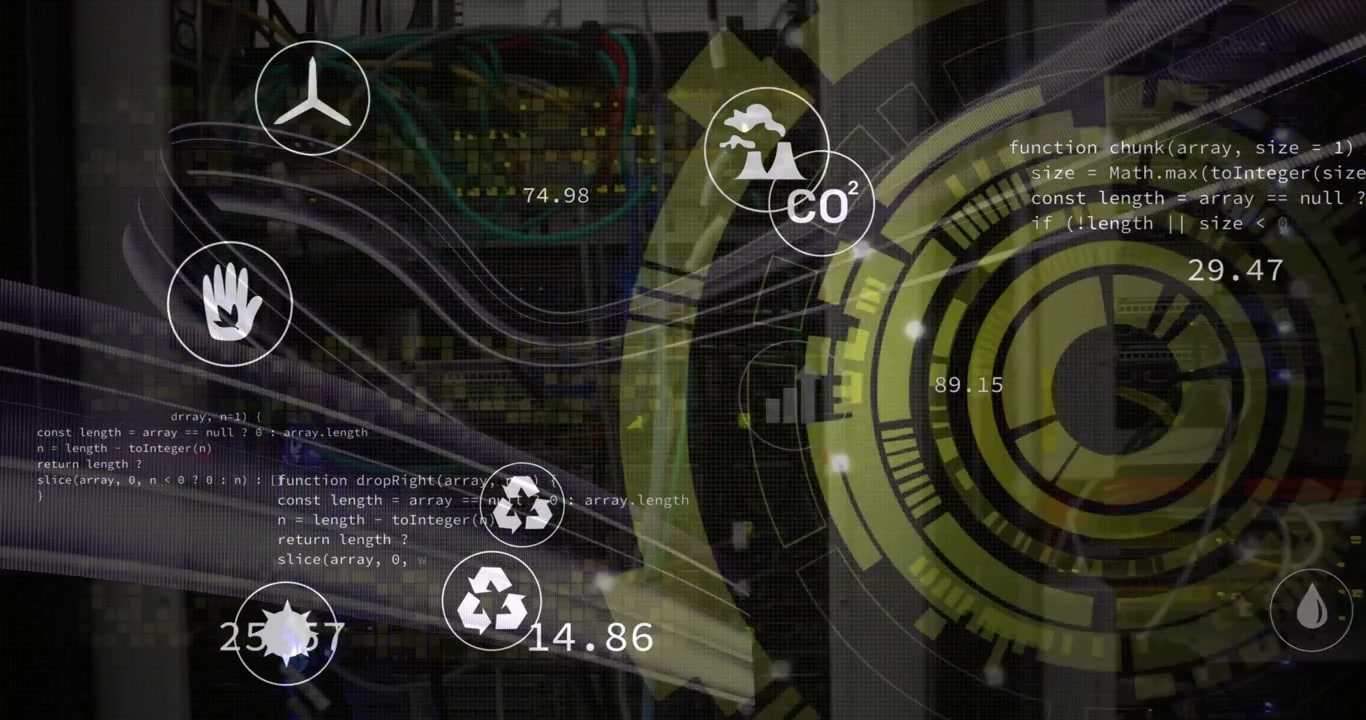 Animation af scope, ikoner og databehandling over computerservere.