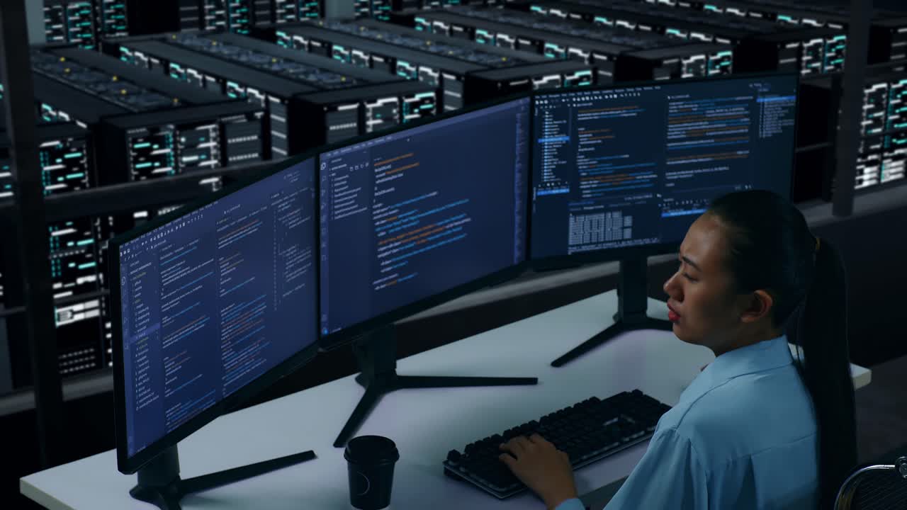 Side View Of Tired Asian Woman Developer Yawning Before Sleeping While Write Code With Multiple Computer Screens In Data Center