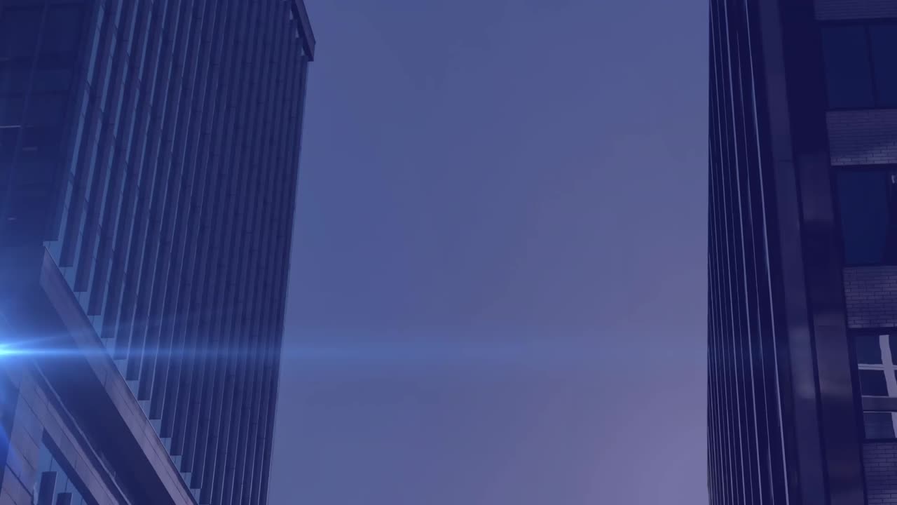 Digital composition of statistical data processing against tall buildings in background