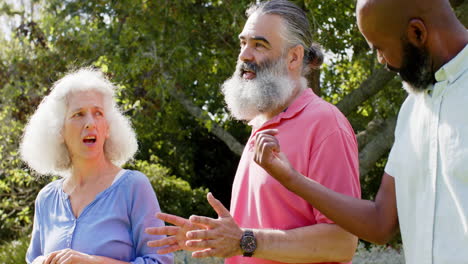 senior friends talking and enjoying outdoor gathering in park, smiling and laughing