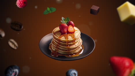 panqueques con introducción de animación de miel para publicidad o comercialización en fondo naranja oscuro para restaurantes con los ingredientes del postre volando en el aire - agregue precio o venta