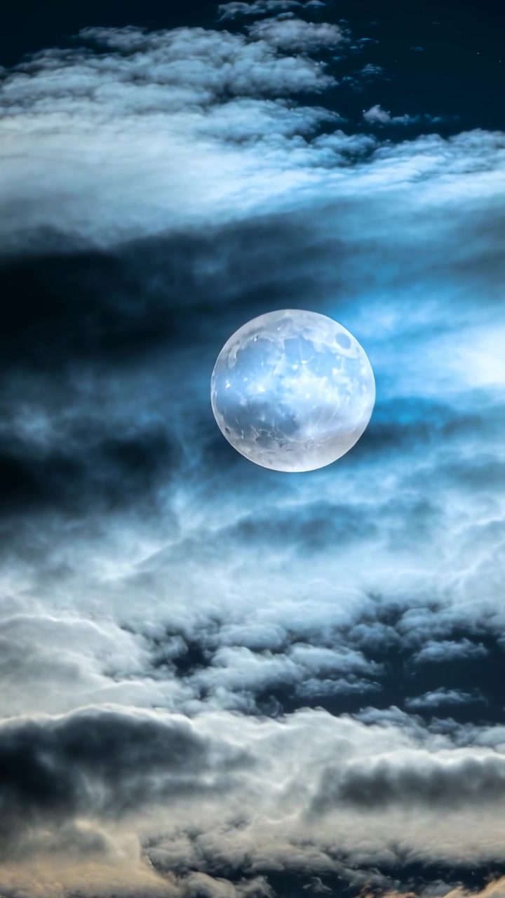 Video dọc: Các lớp mây trôi che phủ mặt trăng tròn ở trung tâm vào ban đêm, làm dịu bề mặt mặt trăng.