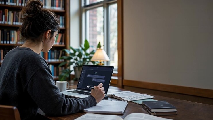 Giovane donna che studia in una biblioteca con un laptop e scrive su un quaderno.