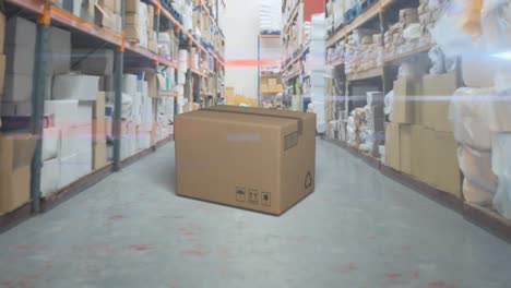 Animation-of-cardboard-box-falling-on-a-floor-with-stacked-up-shelves-full-of-boxes-and-parcels