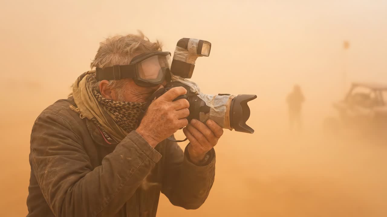 Fotógrafo con gafas y bufanda haciendo fotos durante una tormenta de arena