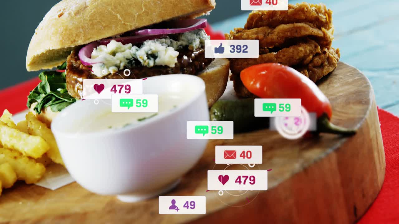 Cursor flotando sobre un cuenco blanco, haciendo que aparezcan insignias que se agrupan en el icono de menú hamburguesa, mostrando el revuelo social