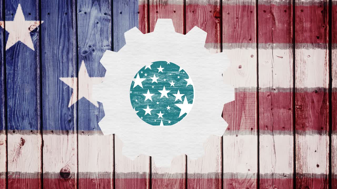 Animazione di stelle della Festa del Lavoro sopra un ingranaggio e la bandiera americana