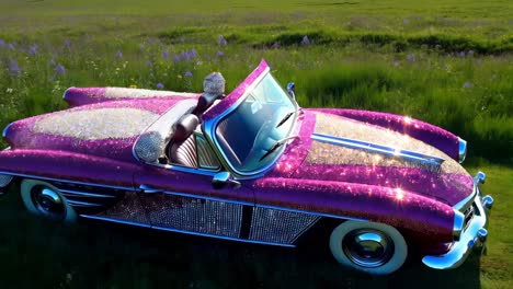 pink diamond-studded convertible in a field