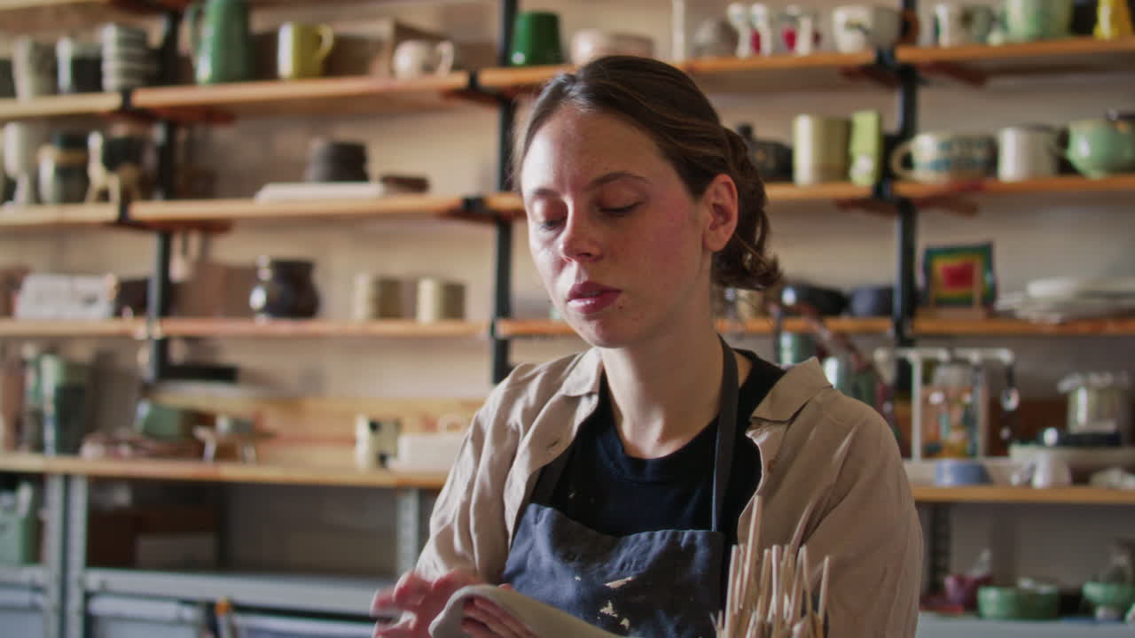 Female Artisan Smoothing Surface of Handmade Clay Plate in Pottery Studio