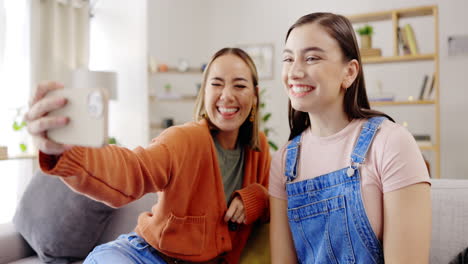 selfie, happy and women or friends on sofa