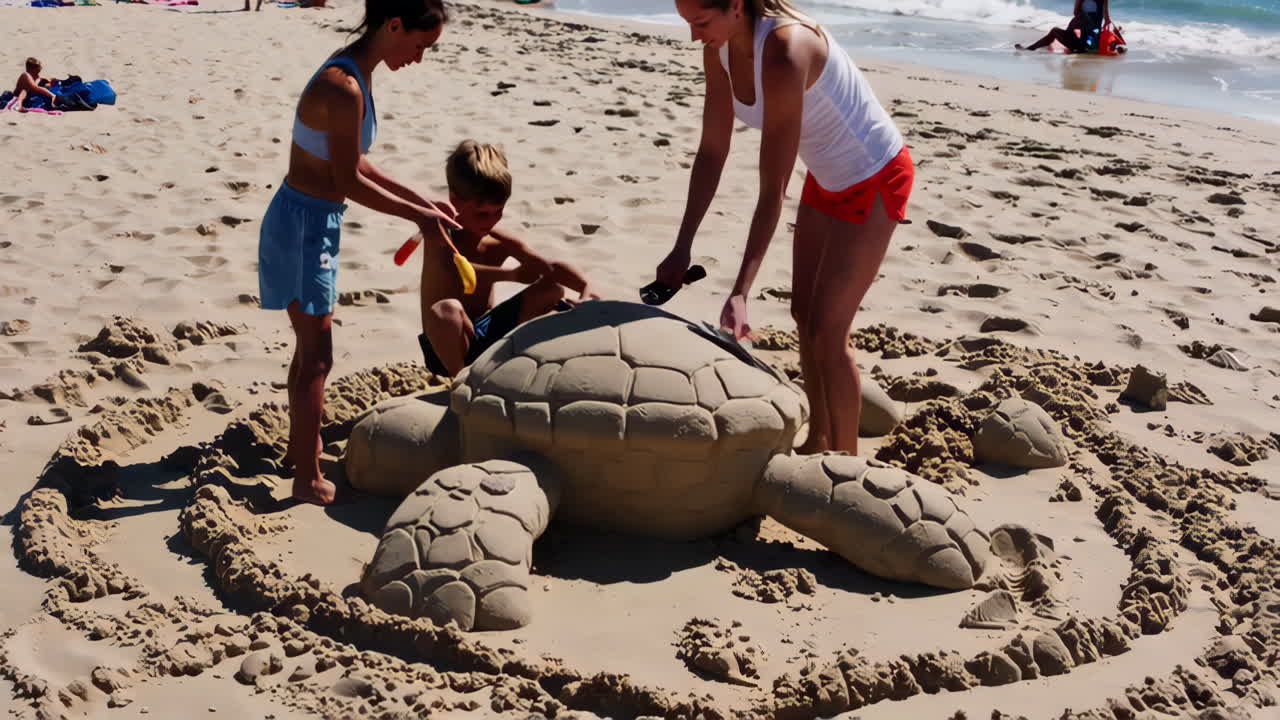 Children building a sand turtle on a beach