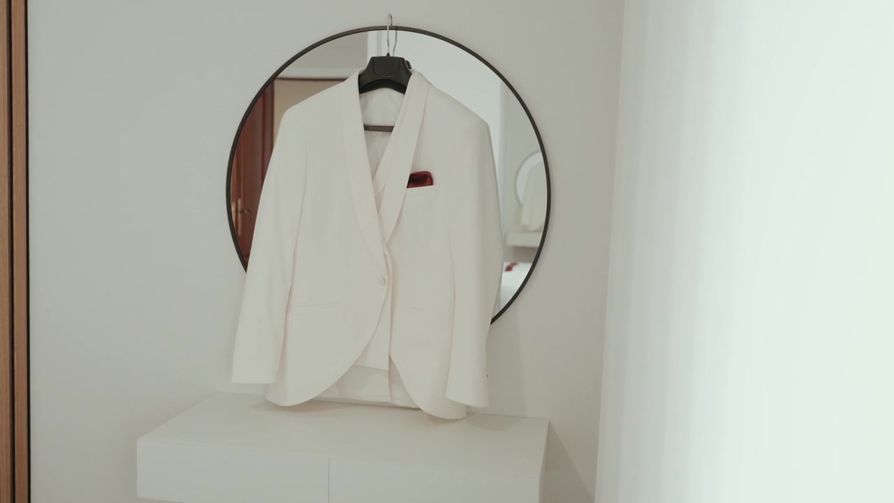 Giacca da completo color crema con fazzoletto da taschino appesa a uno specchio da parete rotondo.