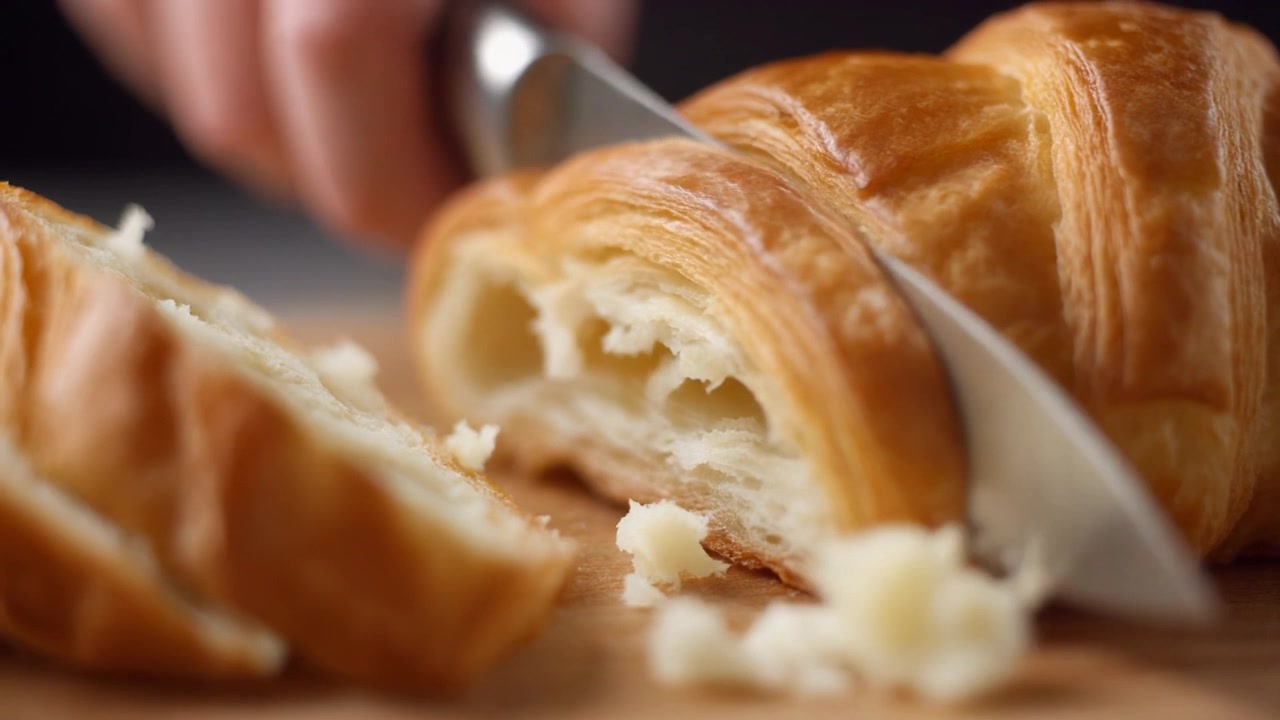 Primo piano di un croissant fresco che viene affettato con un coltello
