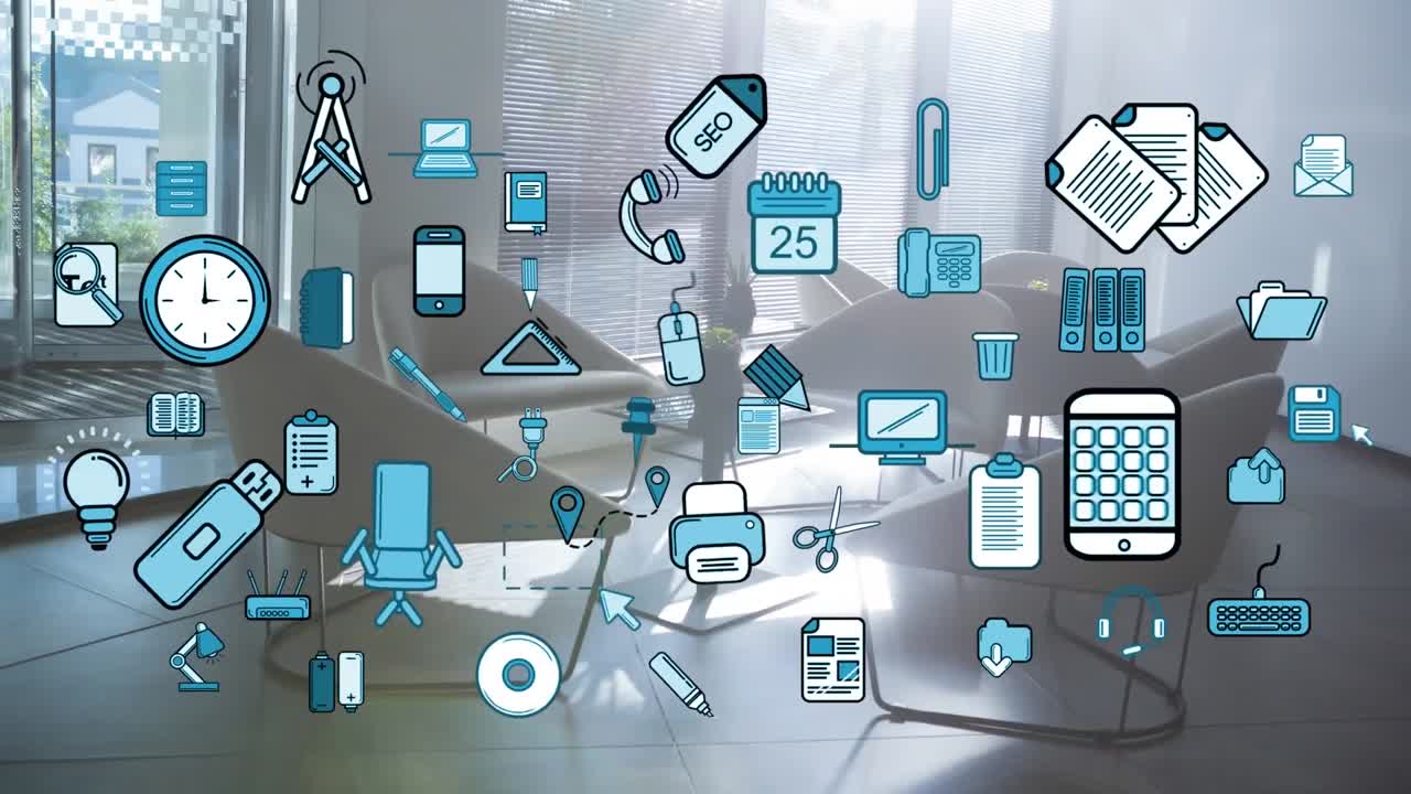 사무실 위의 비즈니스 및 사무실 아이콘의 애니메이션