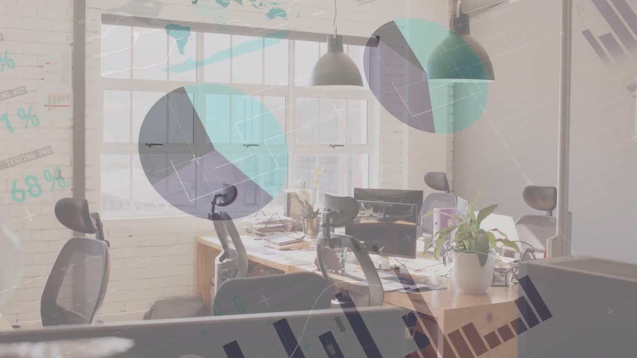 사무실의 책상에 있는 컴퓨터를 통해 그래프와 데이터 처리를 하는 애니메이션