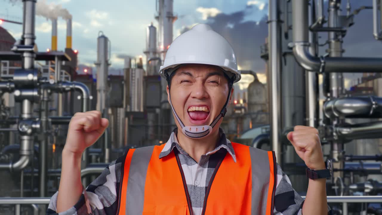 Close Up Of Asian Male Engineer With Safety Helmet Screaming Goal Celebrating Working In a Refinery, Oil Processing Equipment And Machinery