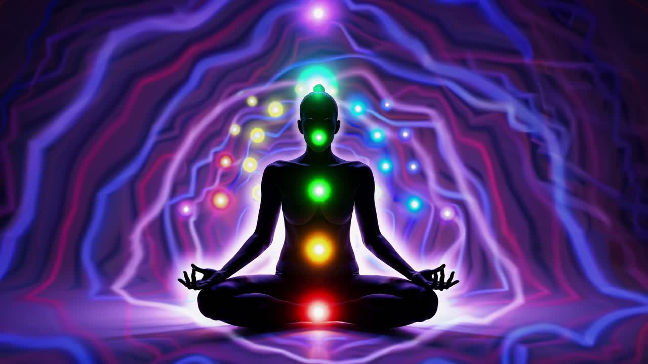 A video still of a silhouette meditating with vibrant chakra lights, viewed from the front