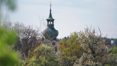 a church spire with a patina-covered roof towers above the blooming spring orchard