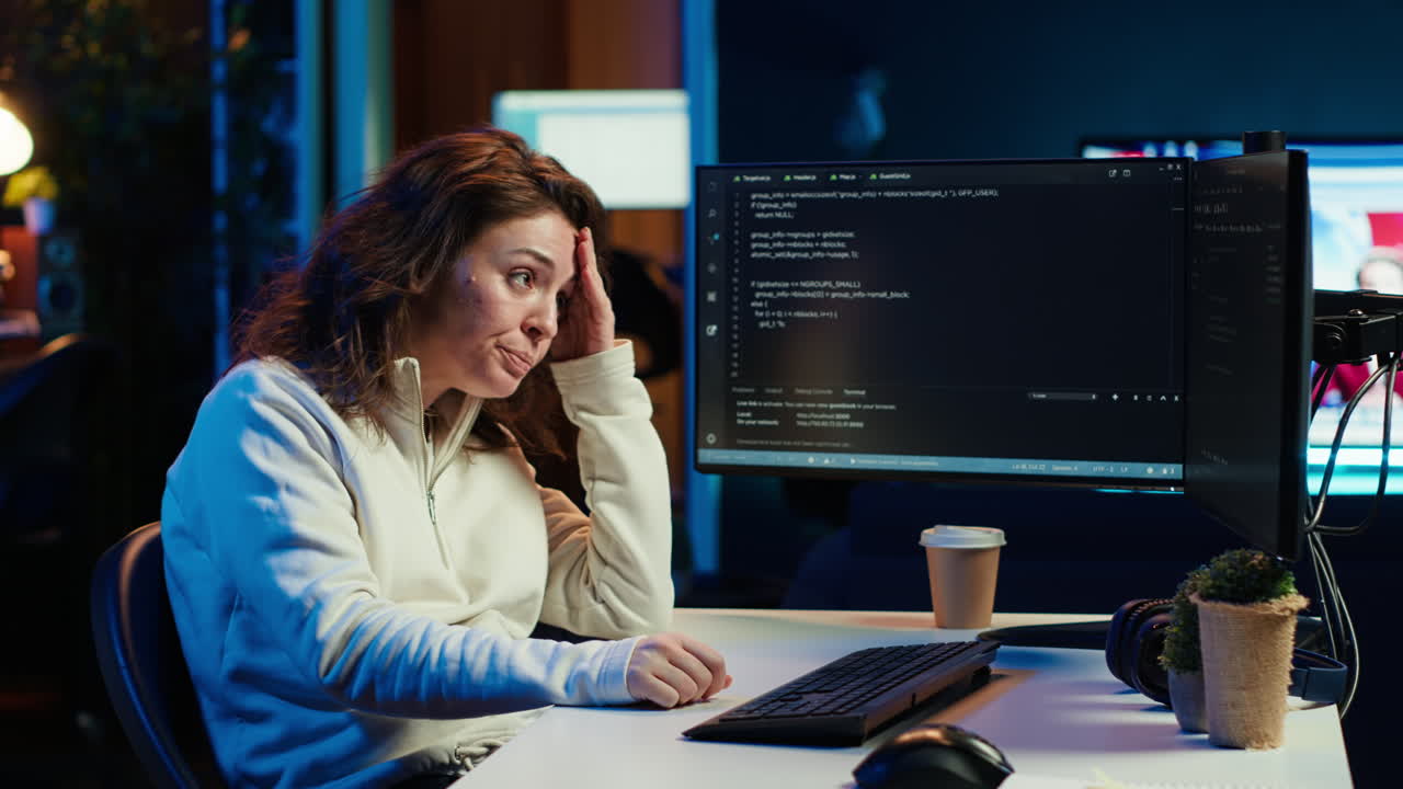 Tired woman hurting from too much stress accumulated while coding