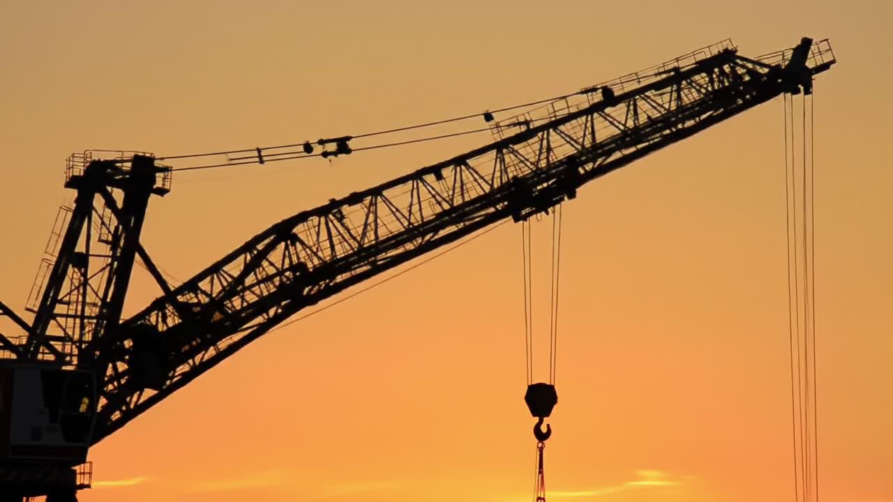 Silhouette of a Towering Crane Against a Stunning Sunset Skyline, Showcasing the Intricate Structure and Mechanisms of Heavy Construction Equipment