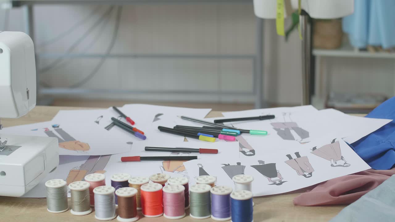 Disegni di vestiti sono sul tavolo con una macchina da cucire nello studio dello stilista.