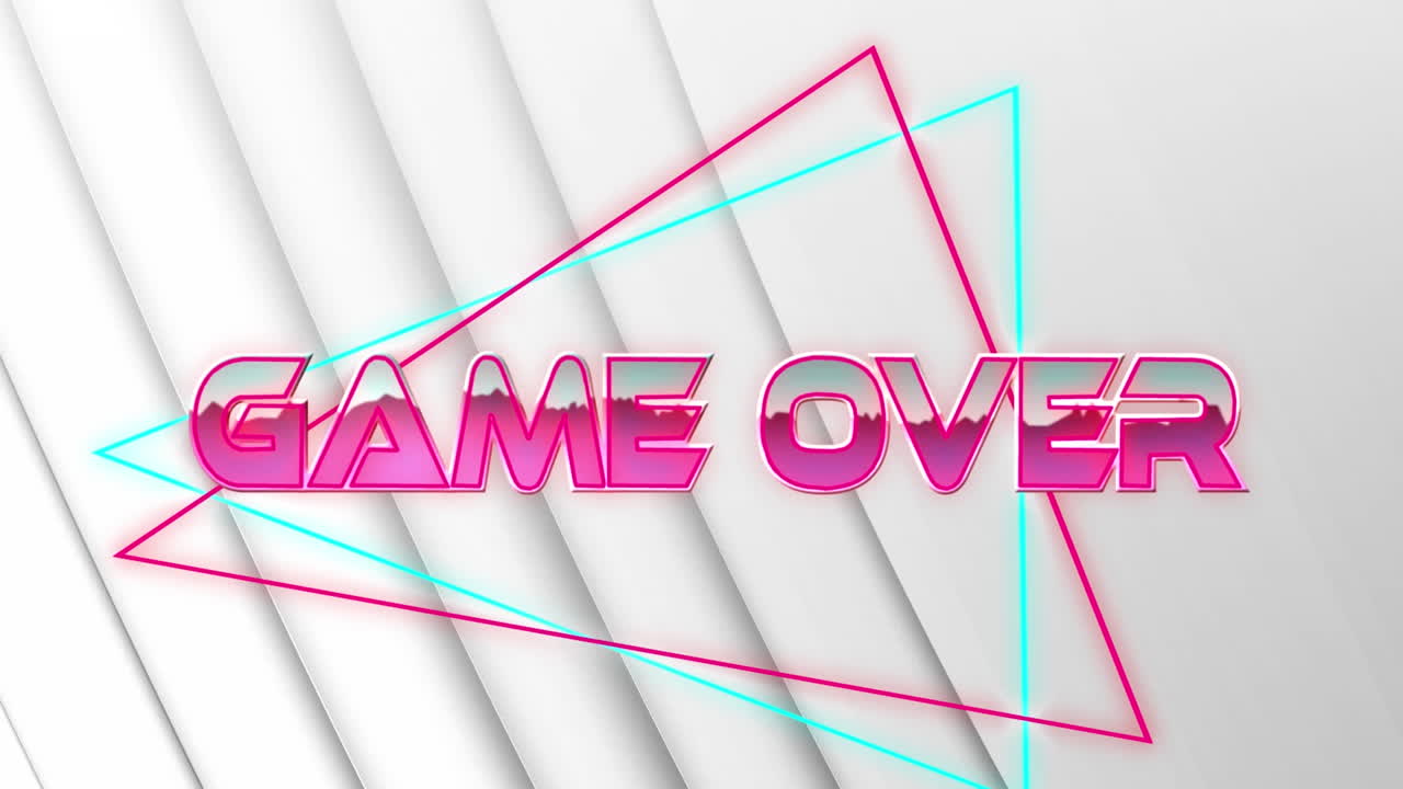 Animation of game over text in pink metallic letters over neon lines