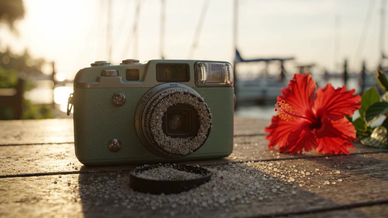 Una escena serena que presenta una cámara vintage adornada con arena y una vibrante flor de hibisco rojo, capturando momentos de paz junto al agua durante el atardecer.