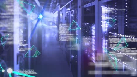 animation of shapes and data processing over server room