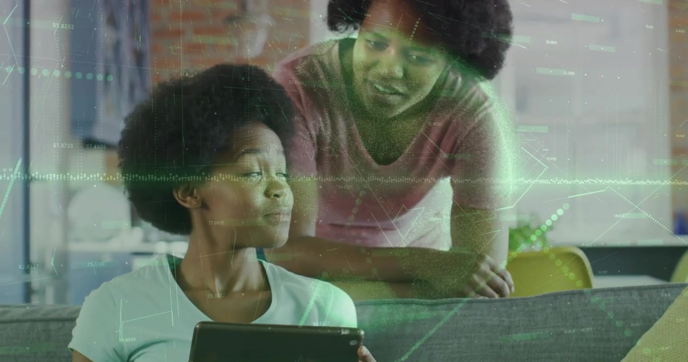 Teen tapping tablet, drawing mom leaning in, guiding education, green overlay obscuring subjects