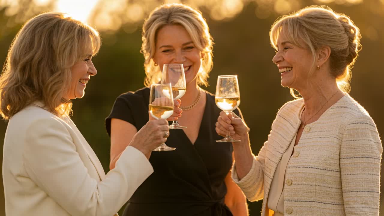 Offering glass by left woman leading trio clinking wine glasses in garden at sunset, smart outfits