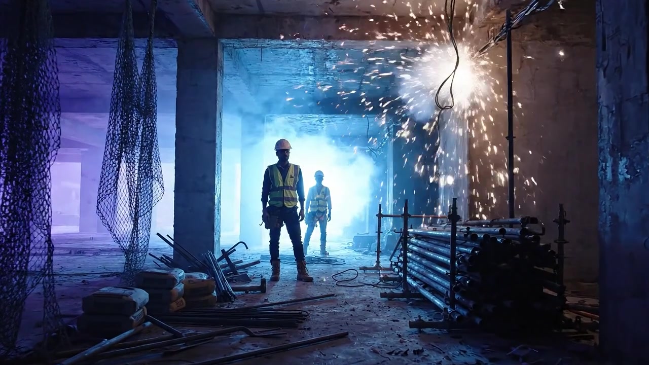 To bygningsarbeidere i verneutstyr står i et industrimiljø opplyst av dynamisk blå belysning, omgitt av stillaser og byggematerialer
