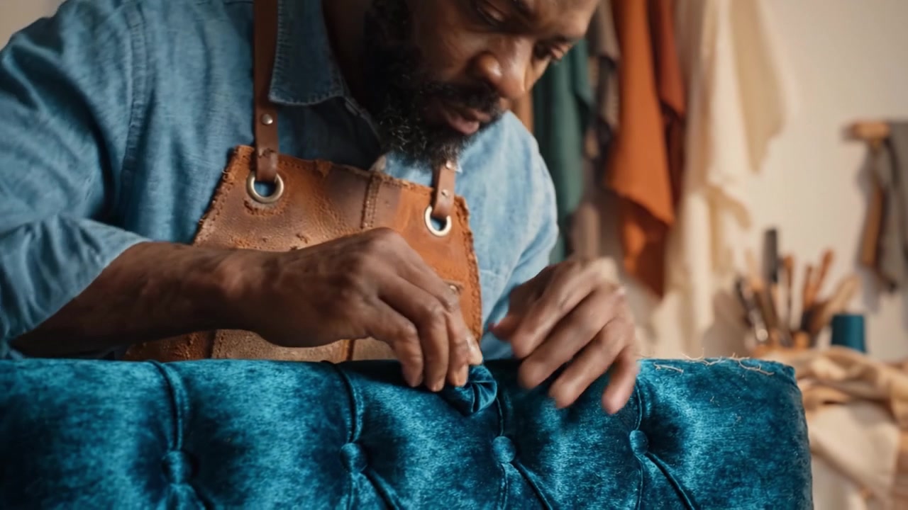 Ein handwerklicher Polsterer restauriert Vintage-Möbel mit Präzision in einer gemütlichen Werkstatt, gefüllt mit Stoffen und Werkzeugen zur Förderung von Handwerkskunst und Kreativität.