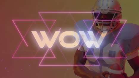 animation of wow text over american football player on neon background