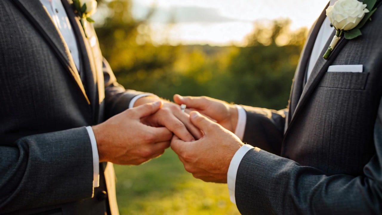 Sliding two grooms in suits, boutonnieres placing bands onto fingers after ring lift park wedding