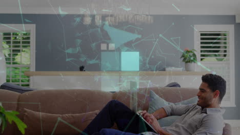 animación de cuadrados y puntos conectados que forman formas geométricas, hombre biracial usando tableta digital