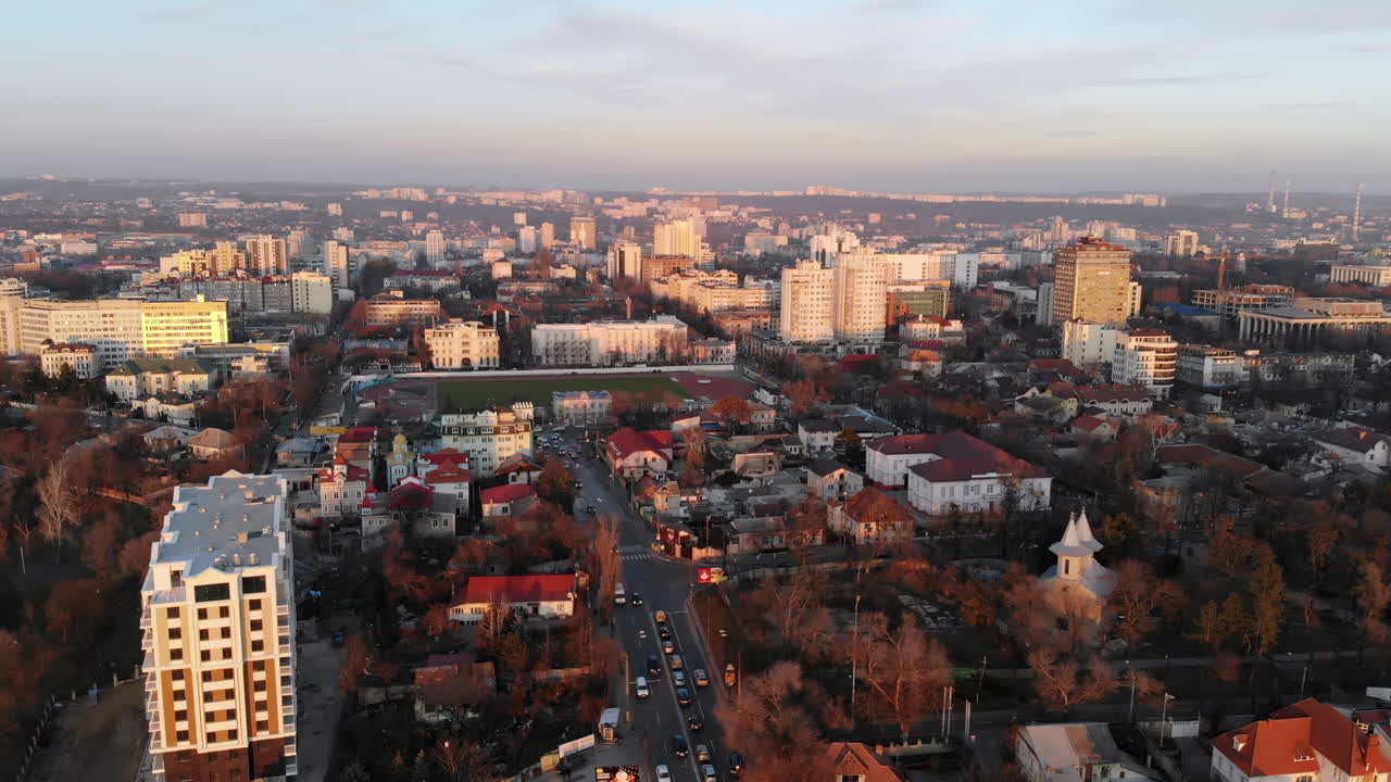 Aerial drone view of the city of Chisinau, Moldova in the evening