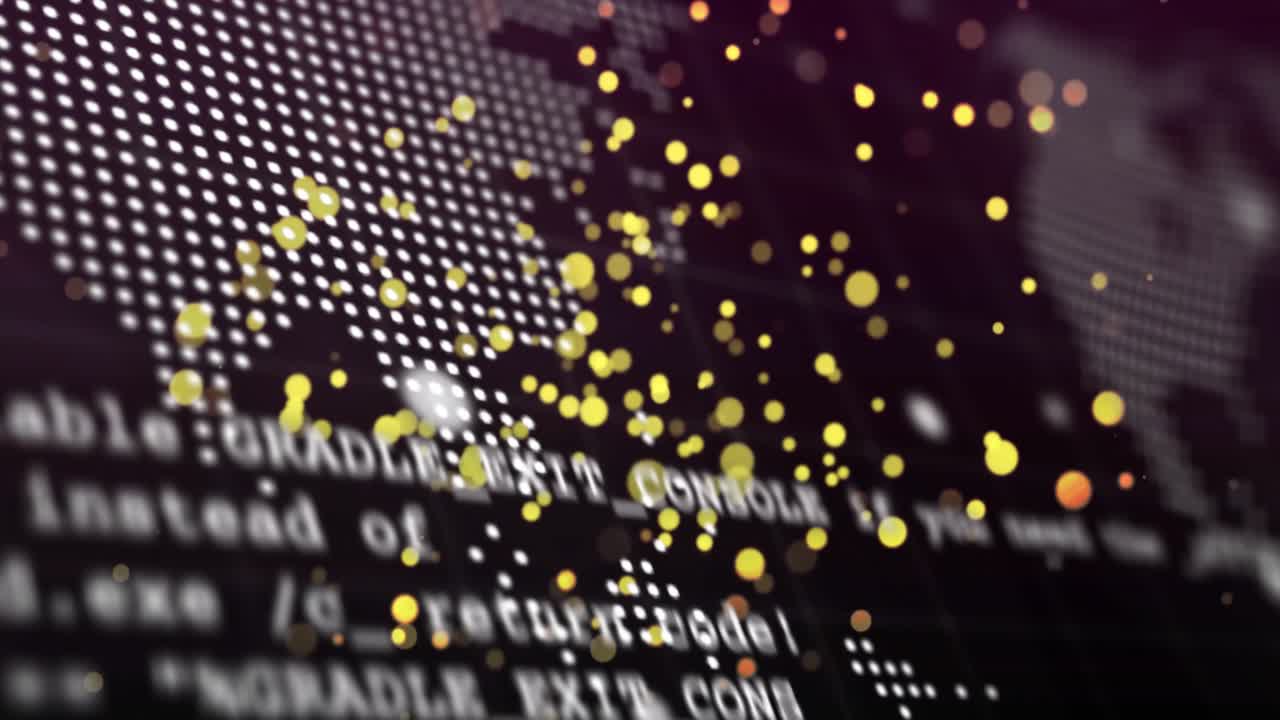 Opening interface initiating particles drifting across dotted map, code overlays showing data flow