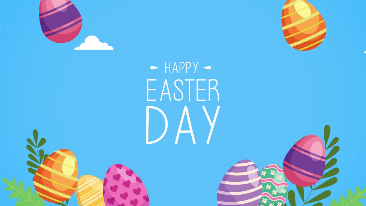 lettere di buon giorno di pasqua con uova dipinte e foglie nel cielo