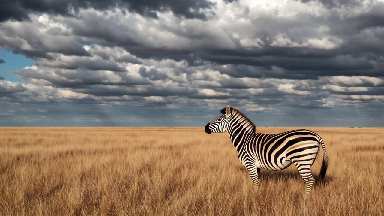 Zebra in a Dry Grassy Savanna under Cloudy Sky