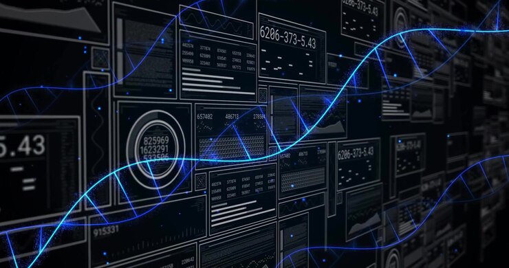 Lower left starting glowing blue waveform pulsing through panels updating gauges scanning data