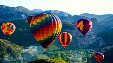 a group of hot air balloons flying over a mountain range