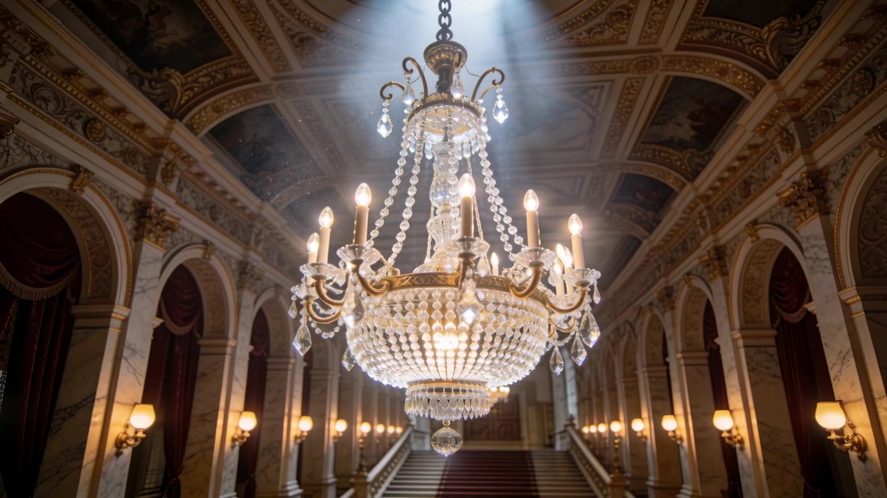Lampadario scintillante che cattura la luce mentre la telecamera si avvicina in una grande scalinata, mostrando il suo luccichio.