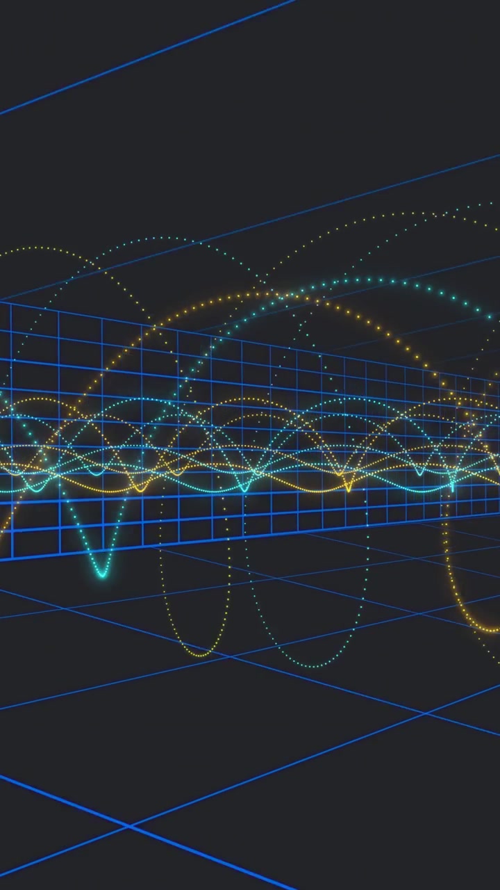 Vertical video: Playback starting, neon waves waving l-r, nodes tracing and showing signals on grid