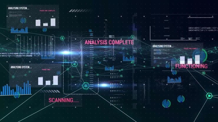 Animasjon av nettverk av tilkoblinger og statistikkregistrering over datatekst og databehandling