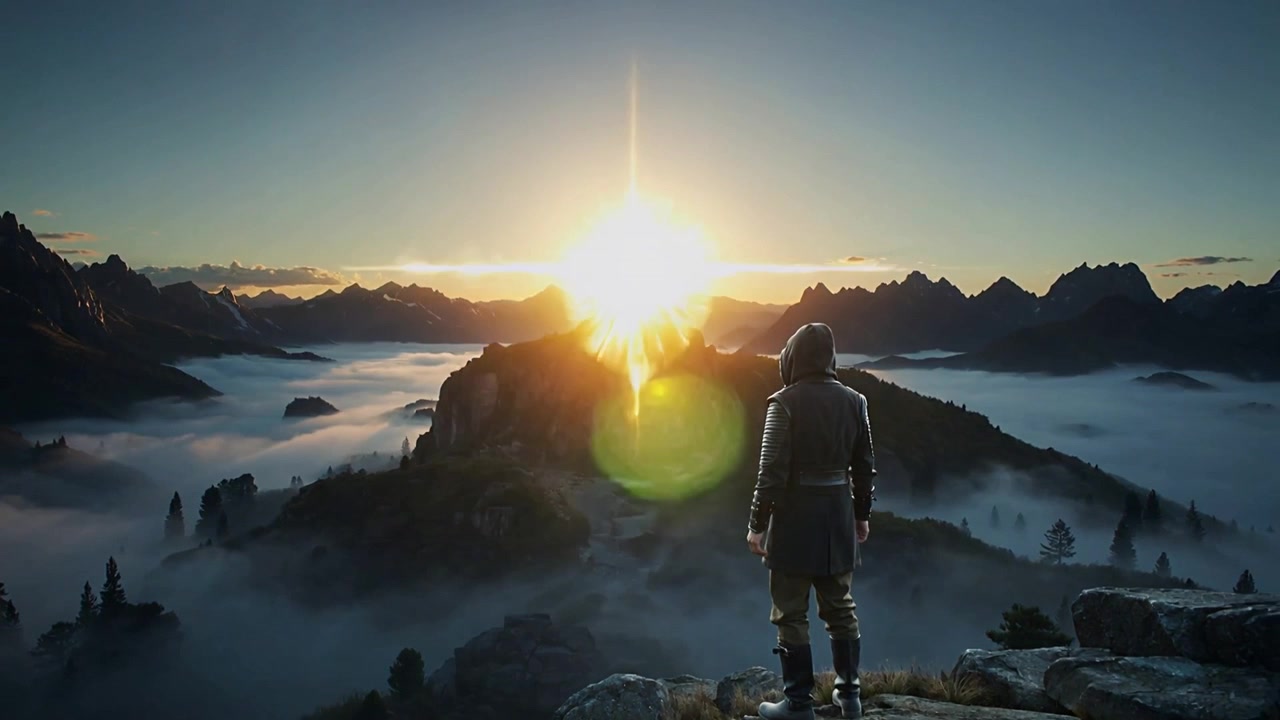 Standing hiker in hooded coat and boots on rock ledge, watching sun rising, flare expanding